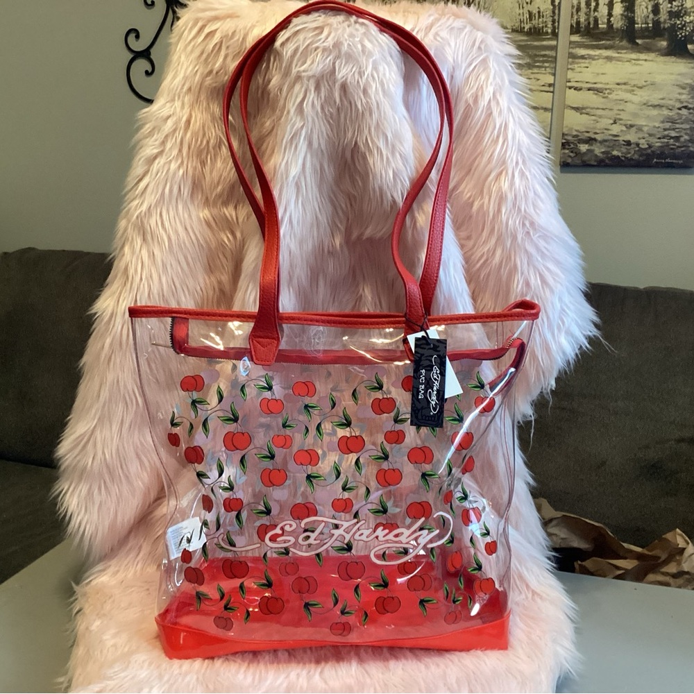 Ed Hardy Red and Green Tote Bag with Transparent Design